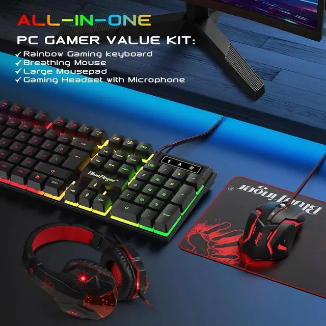 Alt view image 6 of 7 - BlueFinger RGB Gaming Keyboard and Backlit Mouse and Headset Combo, USB Wired Backlit Keyboard, LED Gaming Mouse Set, Headset with Microphone for Laptop PC Computer Game and Work