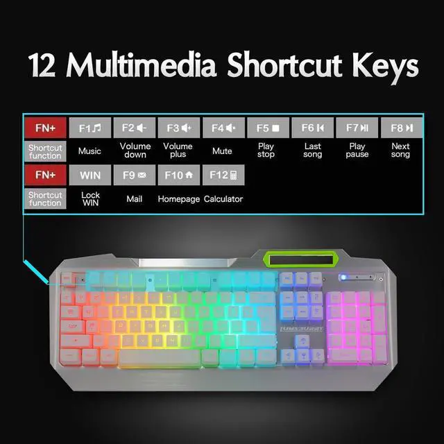 Alt view image 5 of 7 - RGB LED Backlit Gaming Keyboard with Anti-ghosting, Light up Keys Multimedia Control, USB Wired Waterproof Metal Keyboard for PC Games Office (Silver&White)