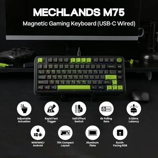 Alt view image 2 of 6 - M75 Wired Hall Effect Gaming Keyboard with 8K Polling Rate, 0.128ms Latency, 75% Rapid Fast Keyboard with DKS/MT/TGL/SOCD, Hot-Swappable Magnetic Switch, Knob, RGB Backlits, NKRO
