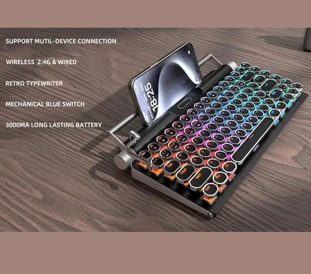 Alt view image 2 of 7 - Yoidesu Retro Typewriter Keyboard, 83 Key Blue Switches Punk Round Keycap, Support 3 Mode Connection (Wired/Wireless/Bluetooth ), LED Backlight for PC Laptop Pad