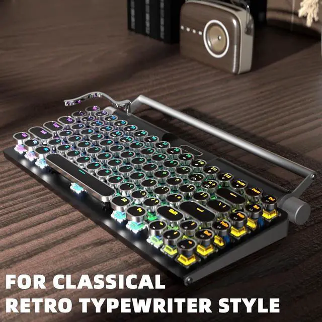 Alt view image 5 of 7 - Yoidesu Retro Typewriter Keyboard, 83 Key Blue Switches Punk Round Keycap, Support 3 Mode Connection (Wired/Wireless/Bluetooth ), LED Backlight for PC Laptop Pad