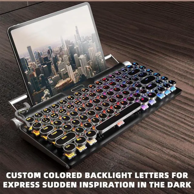 Alt view image 4 of 7 - Yoidesu Retro Typewriter Keyboard, 83 Key Blue Switches Punk Round Keycap, Support 3 Mode Connection (Wired/Wireless/Bluetooth ), LED Backlight for PC Laptop Pad