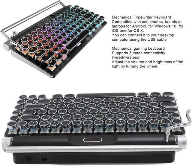 Alt view image 6 of 7 - Yoidesu Retro Typewriter Keyboard, 83 Key Blue Switches Punk Round Keycap, Support 3 Mode Connection (Wired/Wireless/Bluetooth ), LED Backlight for PC Laptop Pad