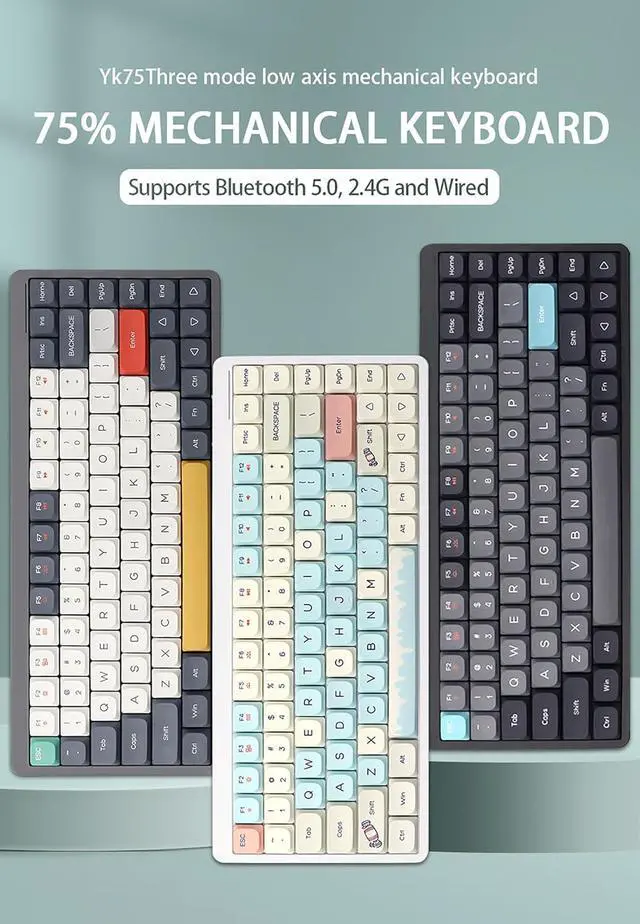 Alt view image 5 of 7 - YK75 84 Keys Tri-Mode Mechanical Keyboard (2.4G+BT5.0+Type-C) with 5 Brightness Levels, 17 Effects, Win/Mac System Switch, Full Key Rollover, Built-in Lithium Battery, Compatible with MacBook iMac i