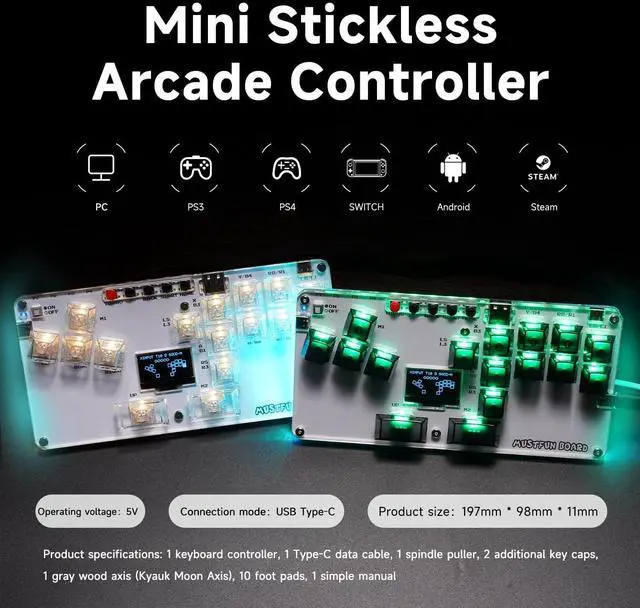 Alt view image 2 of 7 - MustFun Stickl Controller with Display, Customised Cus Gaming Keyboard Suitable r use with: PC/Android/Switch/PS3/PS4/Steam/Acrade and Gaming Devices High Transluce (White Button)