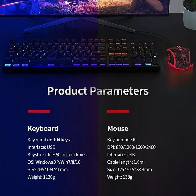 Alt view image 7 of 7 - Mechanical Keyboard Combo USB Wired Gaming Keyboard Set 04 Keys xed Light Keyboard with Black Switch