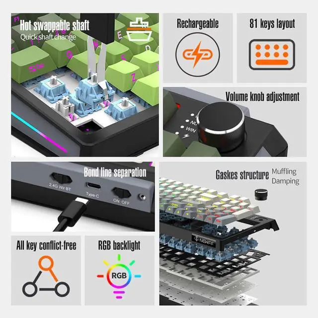 Alt view image 3 of 7 - Wisoqu Mechanical Keyboard, Wireless Gaming Keyboard, BT 2.4G USB C, 75% Layout Wireless Mechanical with 98 Keys, Hot Swap Gasket Mount RGB Backlit for Gaming, Typing (Blue)