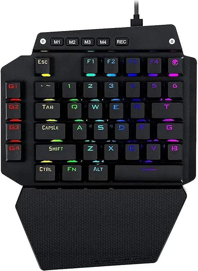 Main image of One-Handed Gaming Keyboard, USB Wired Rainbow Illuminated Mechanical Keyboard with Wrist Rest, 44 Keys, 5 LED Backlight Modes for PC Gamer