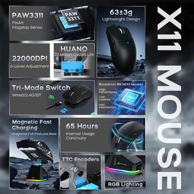 Alt view image 3 of 7 - ATTACK SHARK × MAMBASNAKE X60 HE Mechanical Wireless Gaming Keyboard and X11 Mouse Combo,Magnetic Switch,8K Polling Rate,Hall Effect,Rapid Trigger,PAW3311 Optical Sensor,22K DPI,Lightweight-Black