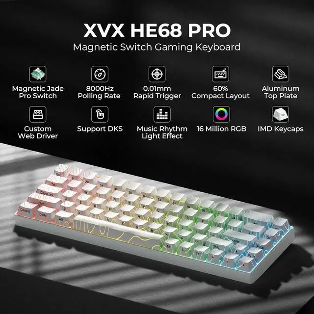 Alt view image 2 of 7 - x XVX HE68 Pro Rapid Trigger Keyboard 60% Percent,Hall Effect Keyboard with Gateron Magnetic Jade Pro Switch,CNC Aluminum Frame Topographic Custom Mechanical Key Board for PC/Laptop/Xbox/PS4/PS5,White