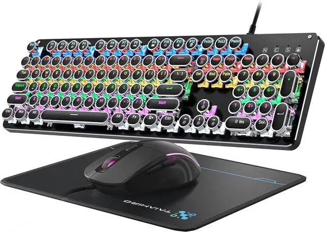 Main image of Typewriter Mechanical Gaming Keyboard and Mouse, 104-Key Full Size Retro Keyboards Metal Panel Punk Round Keycap Clicky Blue Switch with RGB Backlit Mouse and Pad Combo for PC Laptop Mac Gamer, Black