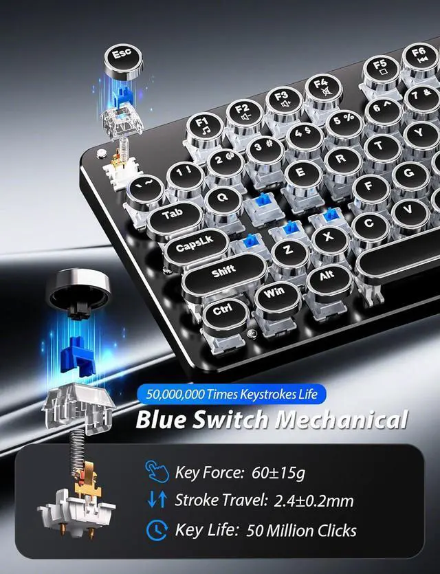 Alt view image 3 of 7 - Typewriter Mechanical Gaming Keyboard and Mouse, 104-Key Full Size Retro Keyboards Metal Panel Punk Round Keycap Clicky Blue Switch with RGB Backlit Mouse and Pad Combo for PC Laptop Mac Gamer, Black
