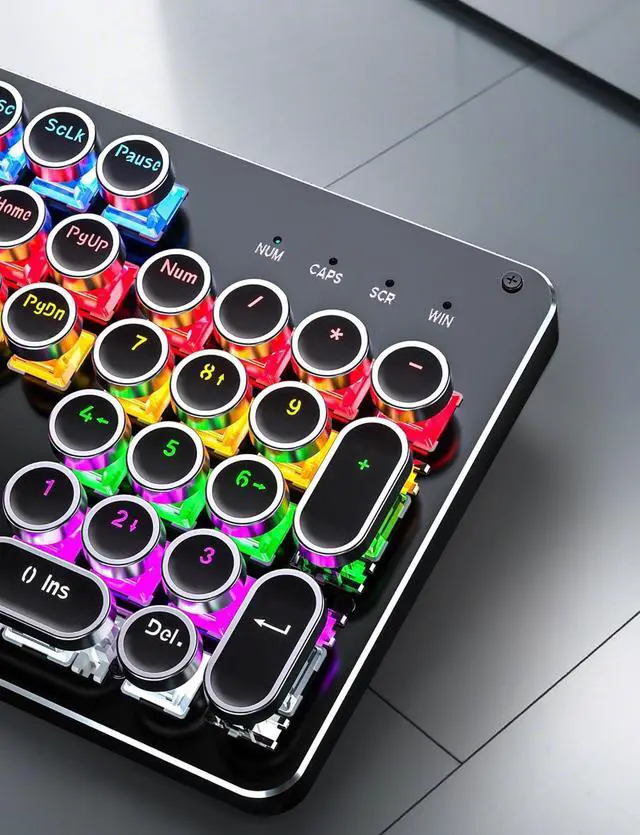 Alt view image 7 of 7 - Typewriter Mechanical Gaming Keyboard and Mouse, 104-Key Full Size Retro Keyboards Metal Panel Punk Round Keycap Clicky Blue Switch with RGB Backlit Mouse and Pad Combo for PC Laptop Mac Gamer, Black