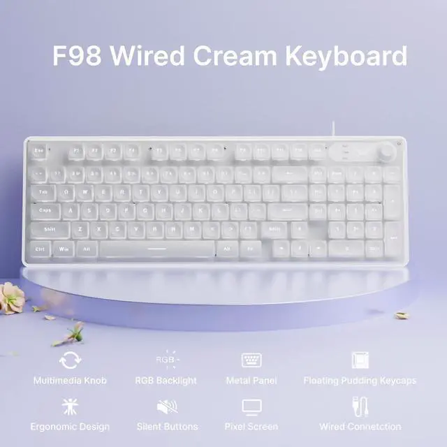 Alt view image 2 of 7 - SEUNKWANG EWEADN F98 Wired Keyboard with Smart Display & Knob,98 Keys Aesthetic Computer Keyboards,Metal Panel,Cute Wired Cream Membrane Keyboard for Windows/PC-White