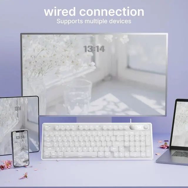 Alt view image 5 of 7 - SEUNKWANG EWEADN F98 Wired Keyboard with Smart Display & Knob,98 Keys Aesthetic Computer Keyboards,Metal Panel,Cute Wired Cream Membrane Keyboard for Windows/PC-White