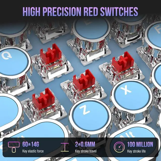 Alt view image 3 of 7 - Typewriter Mechanical Gaming Keyboard with White Single Light Backlit Red Switches, 104 Keys Retro Round Keycap, Wired Typewriter Style Comfortable Typing Soud (Blue LED)