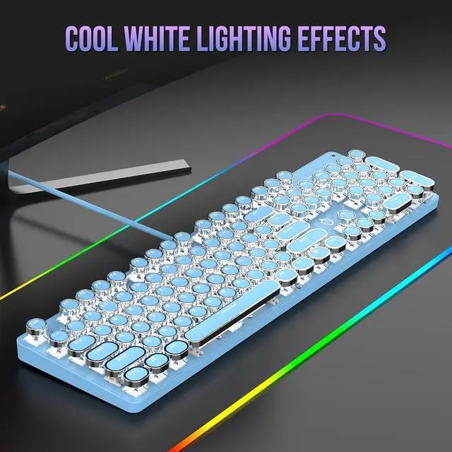 Alt view image 2 of 7 - Typewriter Mechanical Gaming Keyboard with White Single Light Backlit Red Switches, 104 Keys Retro Round Keycap, Wired Typewriter Style Comfortable Typing Soud (Blue LED)