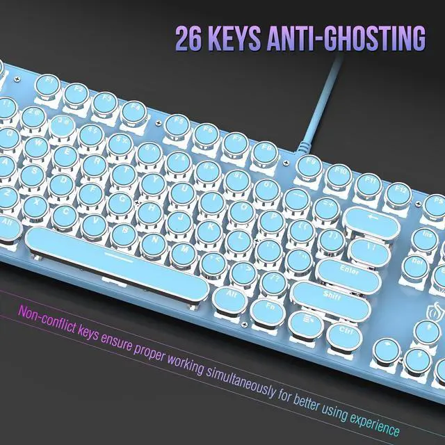 Alt view image 4 of 7 - Typewriter Mechanical Gaming Keyboard with White Single Light Backlit Red Switches, 104 Keys Retro Round Keycap, Wired Typewriter Style Comfortable Typing Soud (Blue LED)
