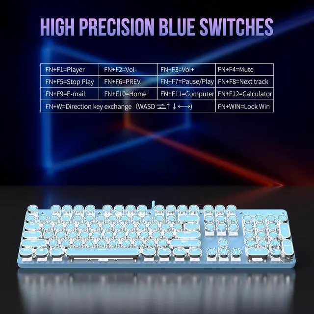 Alt view image 5 of 7 - Typewriter Mechanical Gaming Keyboard with White Single Light Backlit Red Switches, 104 Keys Retro Round Keycap, Wired Typewriter Style Comfortable Typing Soud (Blue LED)