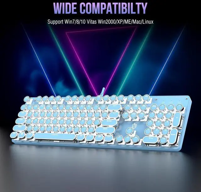 Alt view image 6 of 7 - Typewriter Mechanical Gaming Keyboard with White Single Light Backlit Red Switches, 104 Keys Retro Round Keycap, Wired Typewriter Style Comfortable Typing Soud (Blue LED)