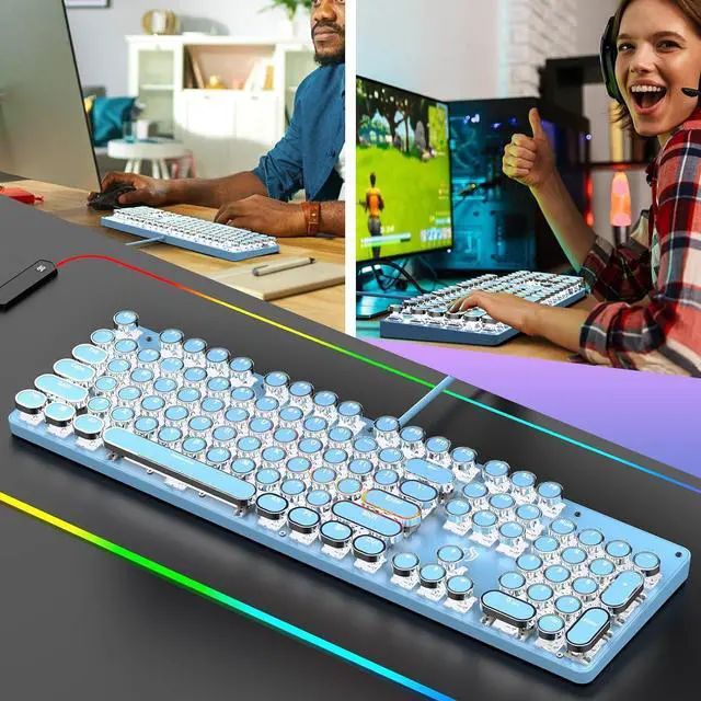 Alt view image 7 of 7 - Typewriter Mechanical Gaming Keyboard with White Single Light Backlit Red Switches, 104 Keys Retro Round Keycap, Wired Typewriter Style Comfortable Typing Soud (Blue LED)