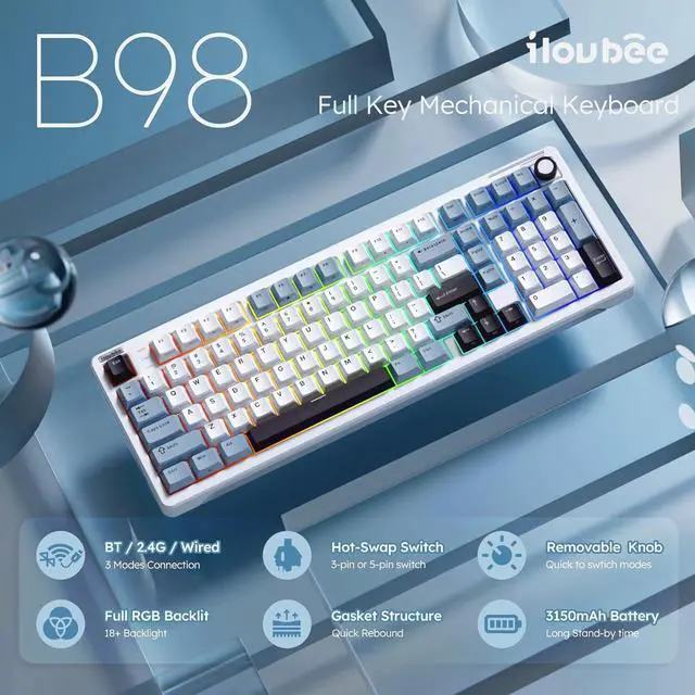 Alt view image 2 of 7 - iLovBee B98 Creamy Keyboard with Number Pad, Wireless Mechanical Gaming Keyboard w/Knob, Full Size Bluetooth/2.4Ghz/USB-C RGB Custom Keyboards for Win/Mac, Gasket Hot Swappable Linear Switches