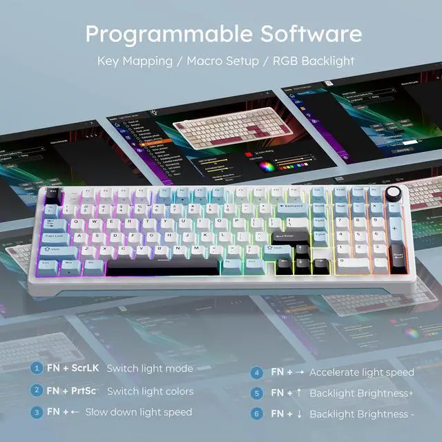 Alt view image 5 of 7 - iLovBee B98 Creamy Keyboard with Number Pad, Wireless Mechanical Gaming Keyboard w/Knob, Full Size Bluetooth/2.4Ghz/USB-C RGB Custom Keyboards for Win/Mac, Gasket Hot Swappable Linear Switches