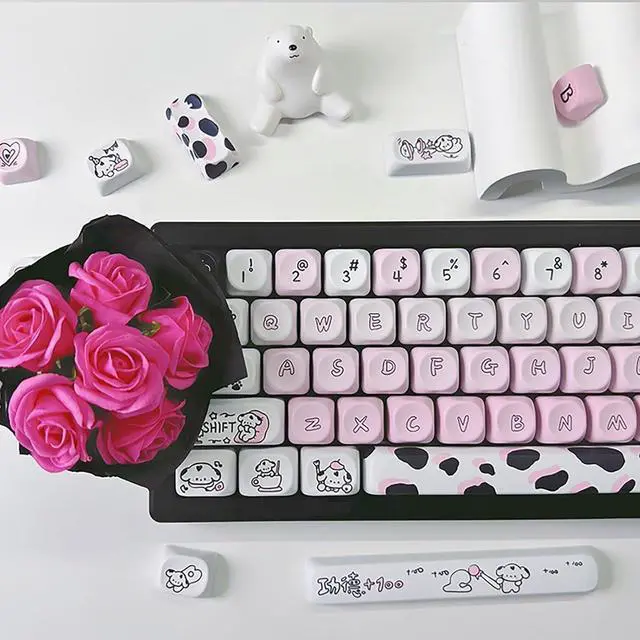Alt view image 5 of 7 - Mxtroml PBT Keycaps, Cute MOA Profile, Pink and White, 132 Keys, Dye-Sublimated, Anime Keycaps Set for Mechanical Keyboards