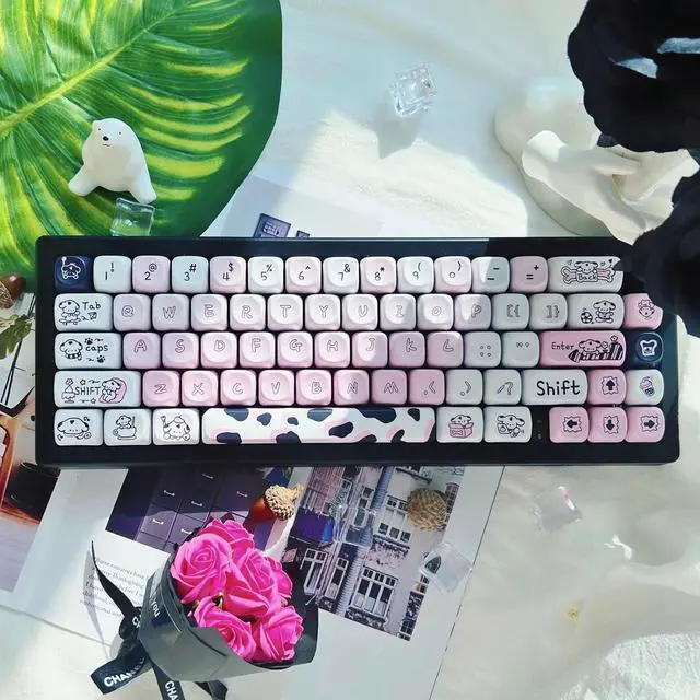 Alt view image 6 of 7 - Mxtroml PBT Keycaps, Cute MOA Profile, Pink and White, 132 Keys, Dye-Sublimated, Anime Keycaps Set for Mechanical Keyboards