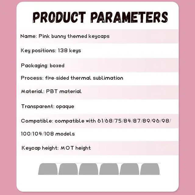 Alt view image 5 of 7 - Mxtroml Custom Keycaps, 120 Kyecaps Pink Cute Bunny PBT Keycaps, MOT Profile, 5-Sided Dye Sublimation, Mechanical Keyboard Keycaps, 60 65 75 100 Percent, USB, Ambidextrous, Keycap Set