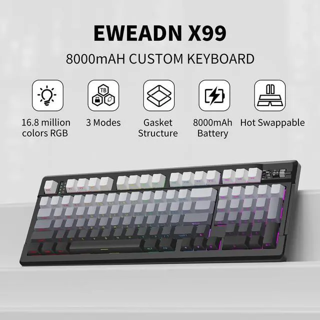 Alt view image 2 of 5 - SEUNKWANG EWEADN X99 Wireless Mechanical Keyboard - 99 Keys, Three Mode Connectivity- BT5.0/2.4GHz/USB-C, Hot-Swappable PCB, Gasket Mount, 8000mAh Battery, PBT Double-Shot Keycaps, 16.8M RGB Lighting