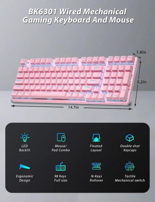 Alt view image 2 of 7 - Mechanical Gaming Keyboard and Mouse, LED Backlit 98-Key Floating Keycap & 4 DPI RGB Gaming Mouse with Mouse Pad, Full Anti-Ghost Light Up Wired Computer Keyboards for MAC PC Gamer Accessories, Pink