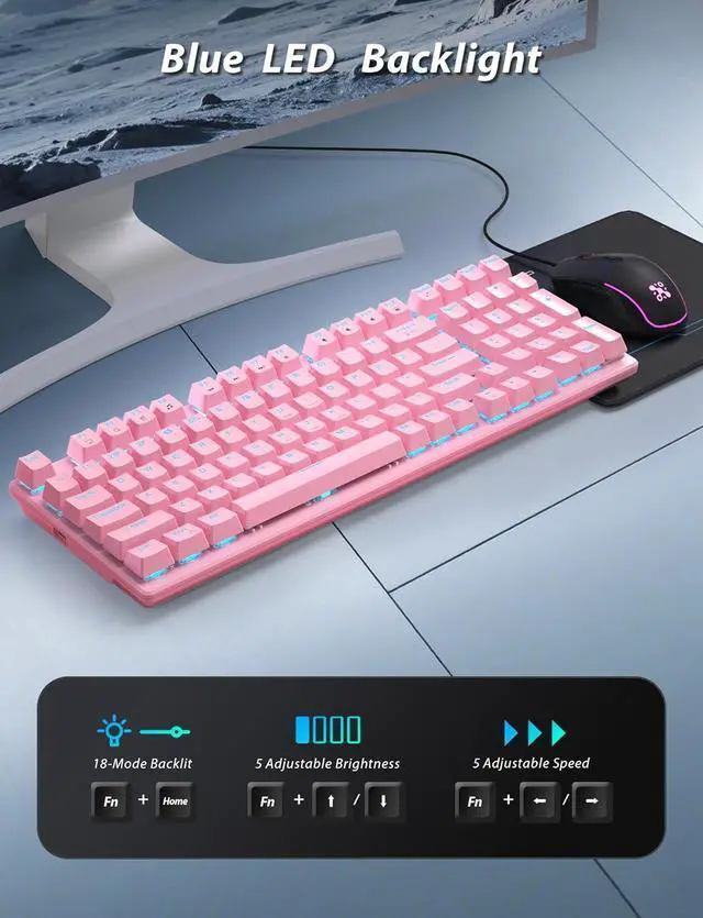 Alt view image 3 of 7 - Mechanical Gaming Keyboard and Mouse, LED Backlit 98-Key Floating Keycap & 4 DPI RGB Gaming Mouse with Mouse Pad, Full Anti-Ghost Light Up Wired Computer Keyboards for MAC PC Gamer Accessories, Pink