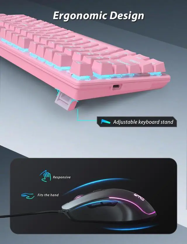 Alt view image 5 of 7 - Mechanical Gaming Keyboard and Mouse, LED Backlit 98-Key Floating Keycap & 4 DPI RGB Gaming Mouse with Mouse Pad, Full Anti-Ghost Light Up Wired Computer Keyboards for MAC PC Gamer Accessories, Pink