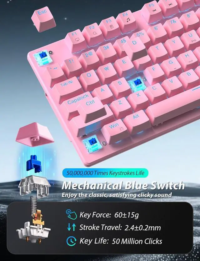 Alt view image 6 of 7 - Mechanical Gaming Keyboard and Mouse, LED Backlit 98-Key Floating Keycap & 4 DPI RGB Gaming Mouse with Mouse Pad, Full Anti-Ghost Light Up Wired Computer Keyboards for MAC PC Gamer Accessories, Pink