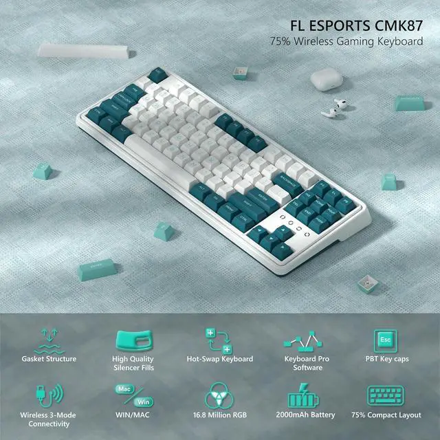 Alt view image 2 of 6 - FL ESPORTS 75% Keyboard, Wireless Gaming Keyboard, 3-Modes Creamy Mechanical Keyboard Hot-Swap, 87 Key RGB Keyboard with Pre-lubed Linear Switch for PC/Tablet/PS/Xbox (Green)