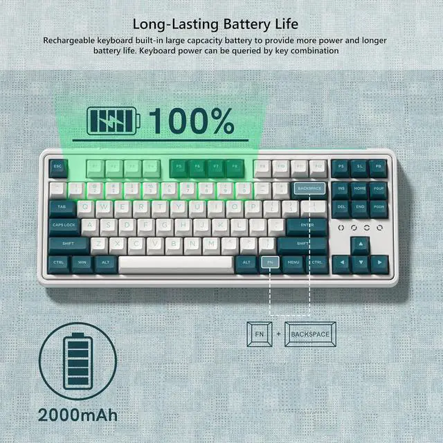 Alt view image 6 of 6 - FL ESPORTS 75% Keyboard, Wireless Gaming Keyboard, 3-Modes Creamy Mechanical Keyboard Hot-Swap, 87 Key RGB Keyboard with Pre-lubed Linear Switch for PC/Tablet/PS/Xbox (Green)