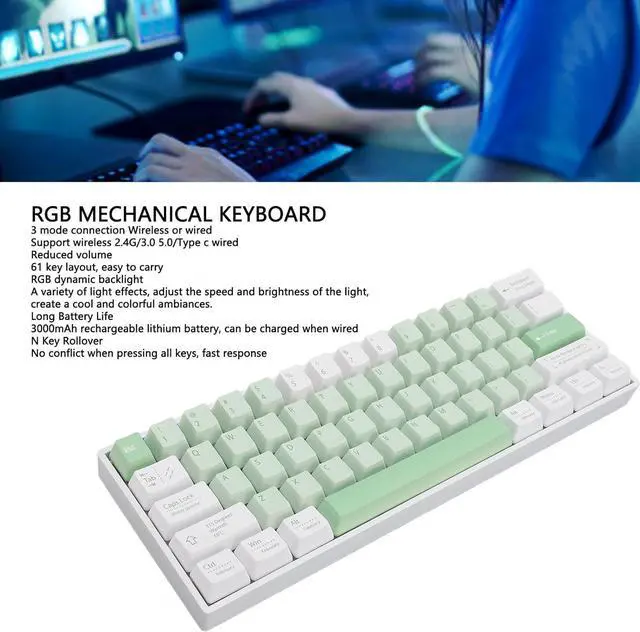 Alt view image 2 of 7 - 60% Mechanical Gaming Keyboard, 2.4G Wire Less RGB Backlit Mechanical Keyboard with Red Switch, Full Key Hot Swappable, 61 Keys Wired Mini Keyboard for PC Gamer