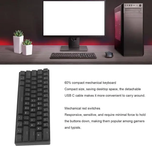 Alt view image 6 of 7 - RockVOQRN Mechanical Gaming Keyboard Compact Red Switches Portable LED Backlit Mini Keyboard for Windows PC Laptop Gaming