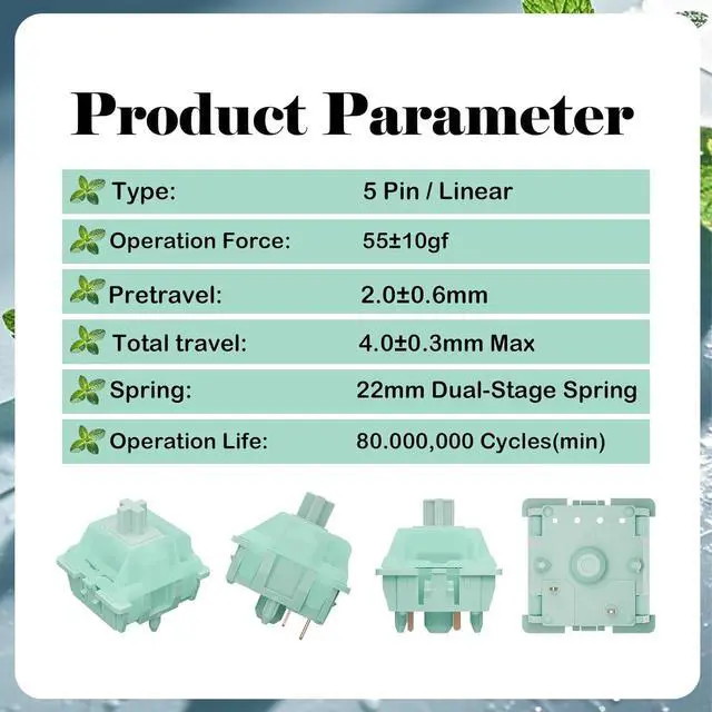 Alt view image 2 of 7 - Kutethy X Gateron Jade Series Mint Keyboard Switch for Mechanical Gaming Keyboard,Dual-Stage Spring 5-Pin Linear Pre-Lubed Switches(Mint,45Pcs)