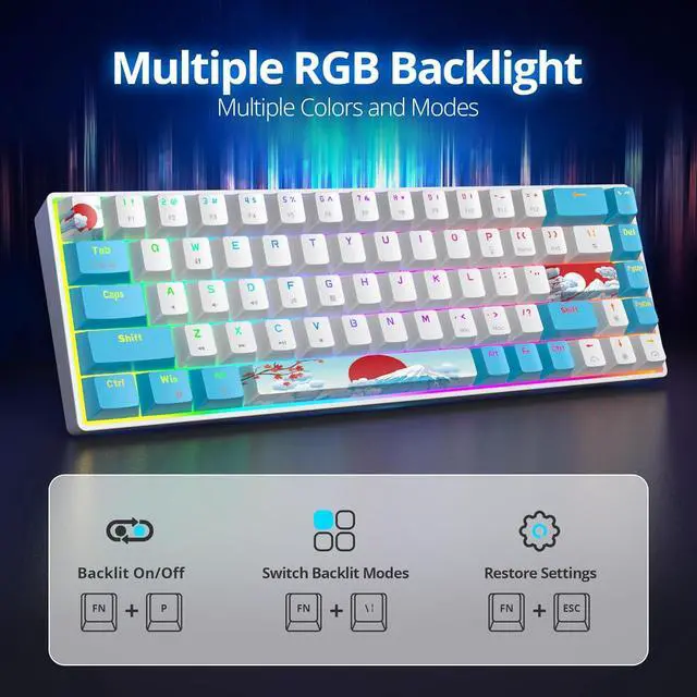 Alt view image 2 of 7 - SbocKeeb 60% Wired Gaming Keyboard, 68 Keys Portable Mechanical Keyboard, Compact Mini Keyboard with RGB Backlit Blue Switch PBT Keycaps for Win Laptop Gamer(68Sea/Blue Switch)
