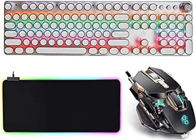 Main image of Mechanical Keyboard LED Backlit Retro Typewriter Gaming Keyboard and Mouse Mouse Pad Combo USB Keyboard -Blue Switch 104 Keys Vintage Inspired Steampunk,White