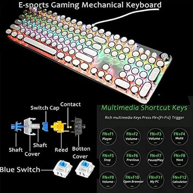 Alt view image 3 of 7 - Mechanical Keyboard LED Backlit Retro Typewriter Gaming Keyboard and Mouse Mouse Pad Combo USB Keyboard -Blue Switch 104 Keys Vintage Inspired Steampunk,White