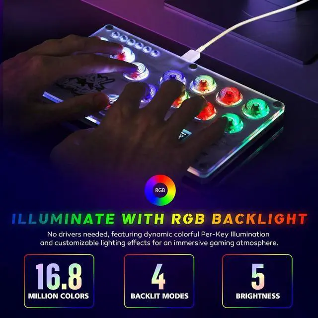 Alt view image 4 of 7 - Arcade Stick, Fighting Game Controller 16Keys All-Button Gamerfinger with Custom RGB & Turbo Functions,Arcade Controller Street Fight for PC/Ps3/Ps4/Switch Game Keyboard-Supports Hot Swap & SOCD