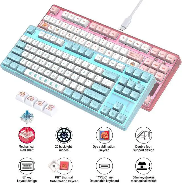 Alt view image 6 of 7 - Sleek 87 Keys Gaming Keyboard Unique Cartoon Pattern Wire USB Mechanical Keyboard Anti-Ghost Keyboard with Removable Cable