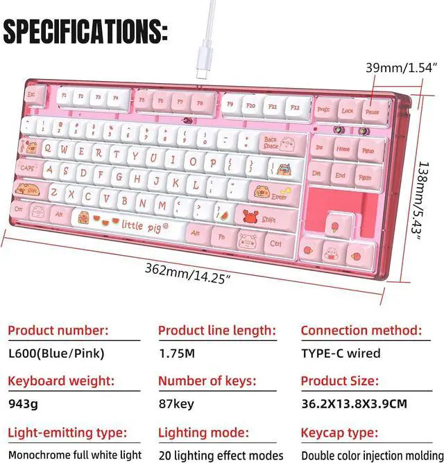 Alt view image 7 of 7 - Sleek 87 Keys Gaming Keyboard Unique Cartoon Pattern Wire USB Mechanical Keyboard Anti-Ghost Keyboard with Removable Cable