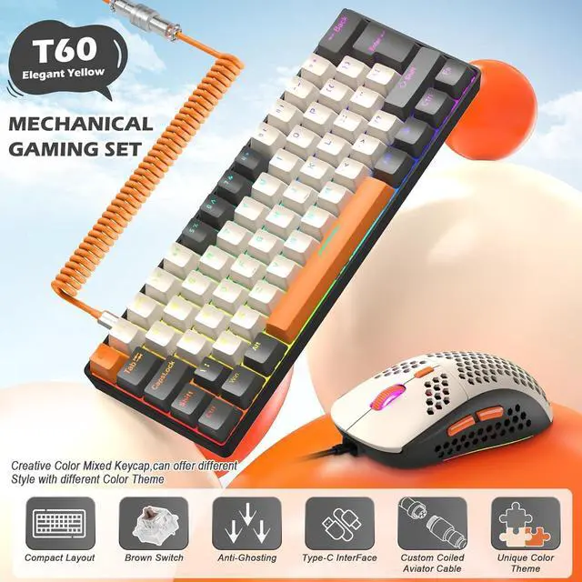 Alt view image 2 of 7 - ZIYOU LANG RK-T60 Wired Mechanical Gaming Keyboard and Mouse Combo Mini Portable with Rainbow Backlit 62Key NKRO 6400DPI RGB Honeycomb Mice Coiled Aviator C Cable for PC/Win Gamer(Yellow/Brown Switch