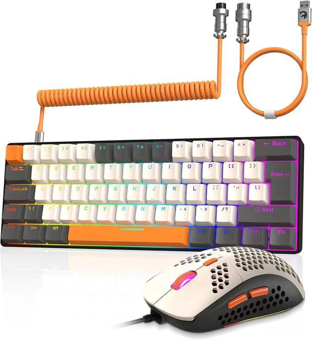 Main image of ZIYOU LANG RK-T60 Wired Mechanical Gaming Keyboard and Mouse Combo Mini Portable with Rainbow Backlit 62Key NKRO 6400DPI RGB Honeycomb Mice Coiled Aviator C Cable for PC/Win Gamer(Yellow/Brown Switch