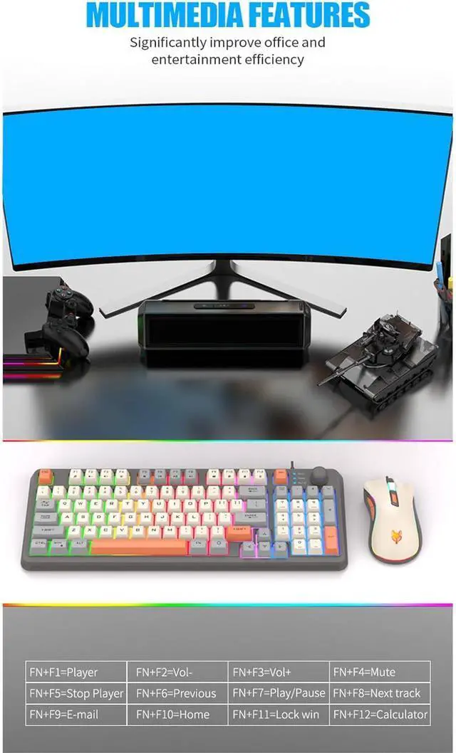 Alt view image 2 of 7 - LINLIJIA 94 Keys Layout Gaming Keyboard and Mouse Combo Colorful Lighting 3 Color Matching Keycap USB with Knob Gaming Keyboard and Mouse Set 75% Layout Lightweight Mouse Professional Gaming