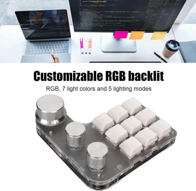 Alt view image 2 of 7 - Programming Macro Keypad, 9 Keys Mechanical Gaming Keyboard with 3 Knobs, RGB Backlit One Handed Macro Custom Keypad for Computer Gaming Software (White)